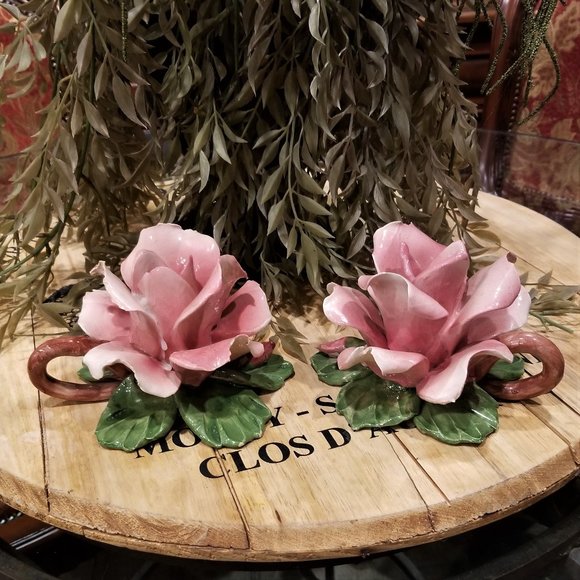 Large Vintage Pair of Capodimonte Porcelain Rose Candle Holders Italy - Picture 1 of 8
